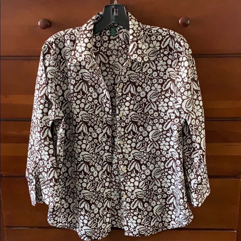 Brown and white print button down shirt